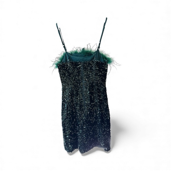 Festive Emerald Green Sequin Mini Dress featuring   Feather Bust Trim - Picture 2 of 6